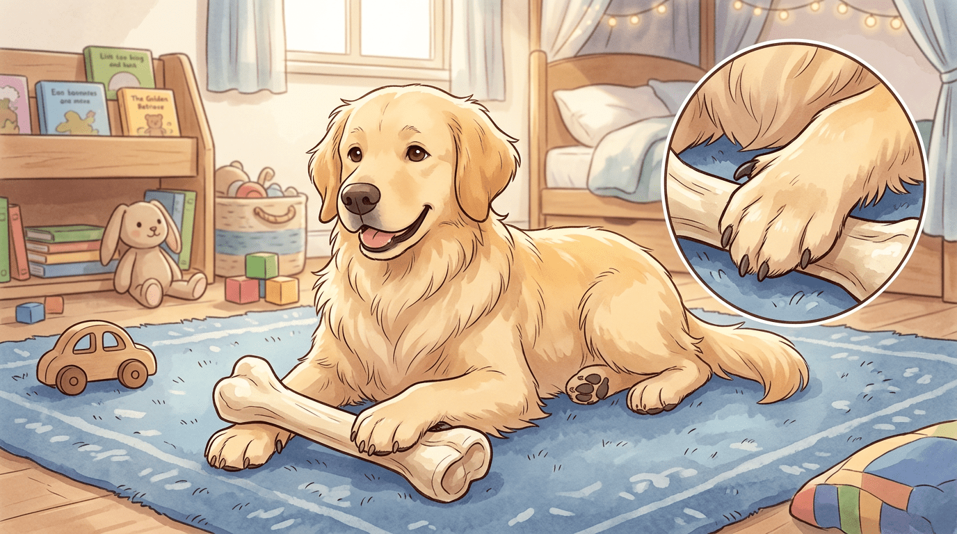 Ein freundlicher Hund hält einen Kauknochen mit seinen Pfoten fest, wobei die Daumenkralle deutlich sichtbar ist.