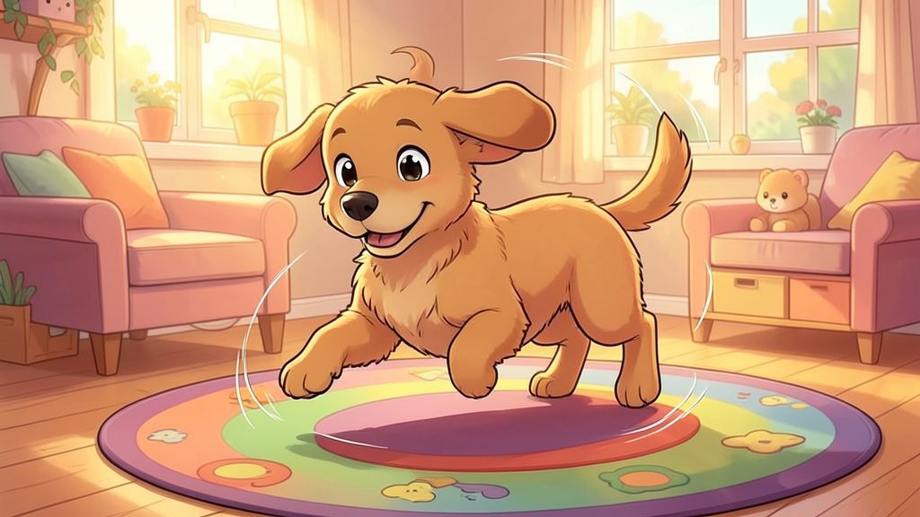 Ein niedlicher, brauner Hund mit Schlappohren dreht sich auf einem weichen Teppich im Wohnzimmer im Kreis, bevor er schlafen geht.