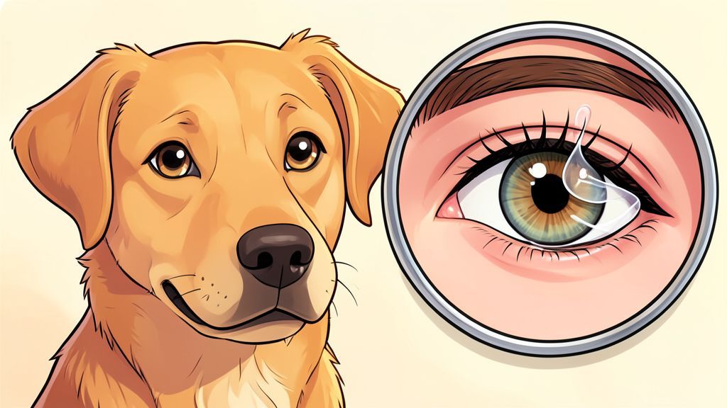 Illustration eines freundlichen Hundes, dessen Auge vergrößert gezeigt wird, um das dritte Augenlid als kleinen Scheibenwischer darzustellen.