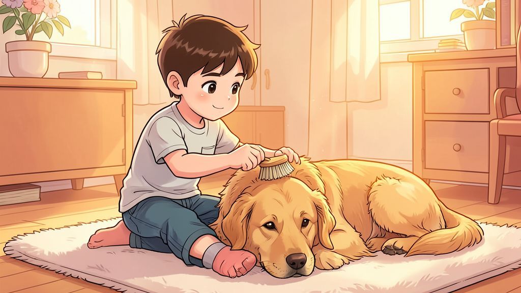 Ein Kind bürstet behutsam den Rücken eines entspannten Golden Retrievers in einem hellen Kinderzimmer.