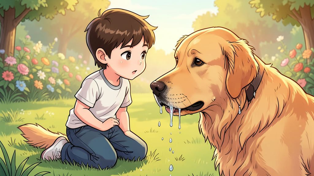 Ein Kind beobachtet neugierig die glänzende, feuchte Nase eines freundlichen Golden Retrievers im Garten.