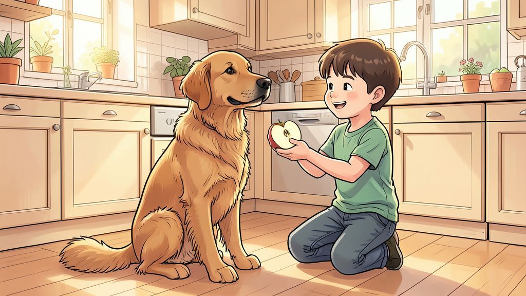 Ein Kind reicht einem freundlichen Golden Retriever ein sorgfältig geschnittenes Apfelstück in einer hellen Küche.