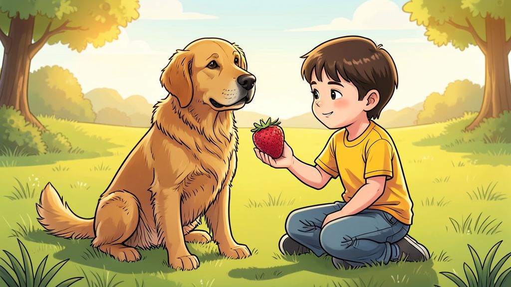 Ein glücklicher Golden Retriever sitzt auf einer Wiese und bekommt von einem Kind eine frische Erdbeere angeboten.