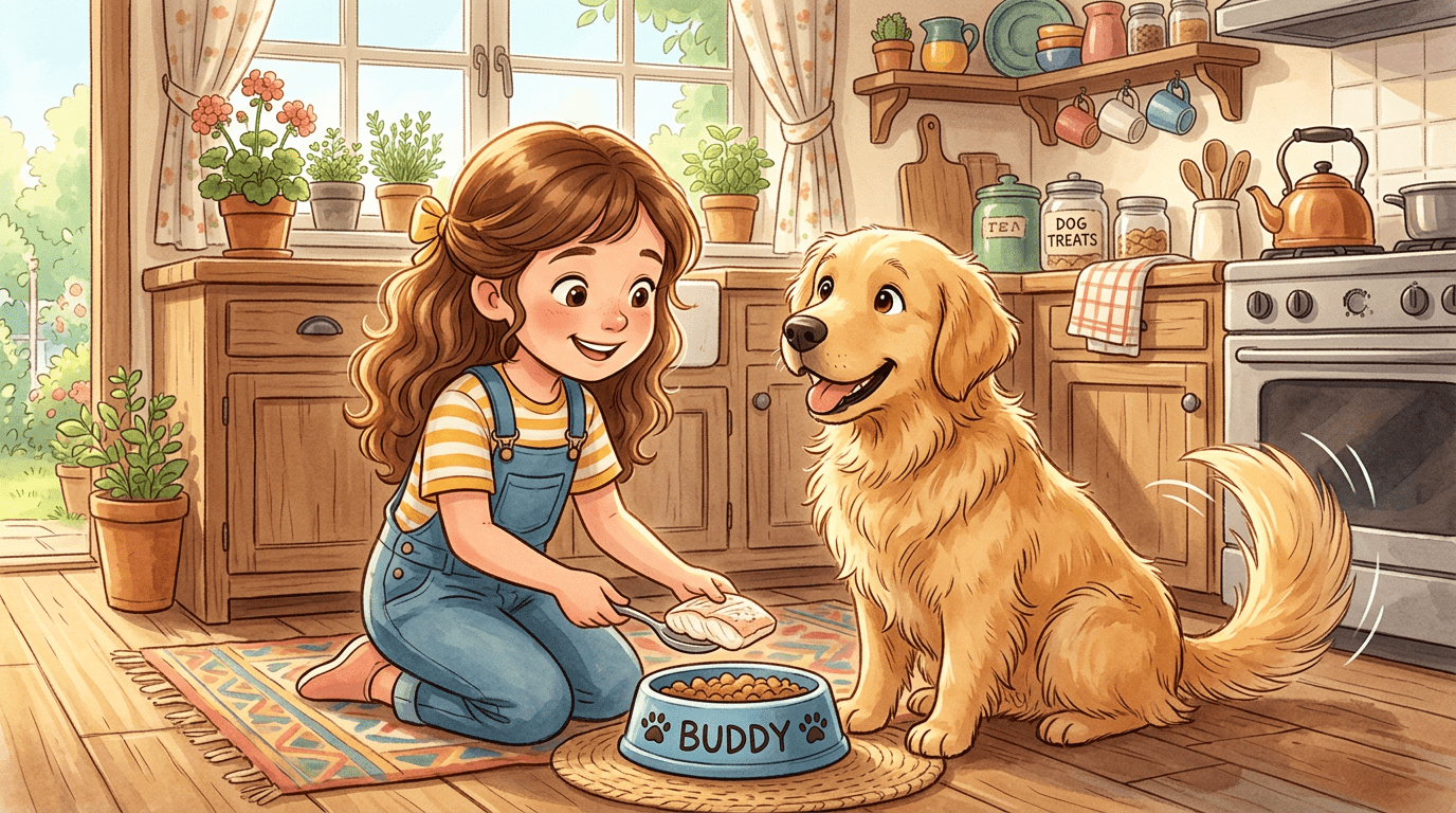 Ein glückliches Kind bereitet in einer hellen Küche vorsichtig ein Stück Fisch für seinen Golden Retriever vor.