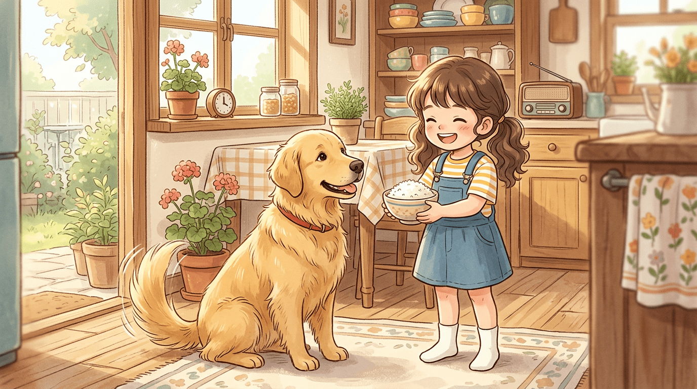 Eine Kinderbuch-Illustration eines Golden Retrievers, der in einer gemütlichen Küche freudig auf eine Schüssel Reis wartet, während ein Kind daneben steht.