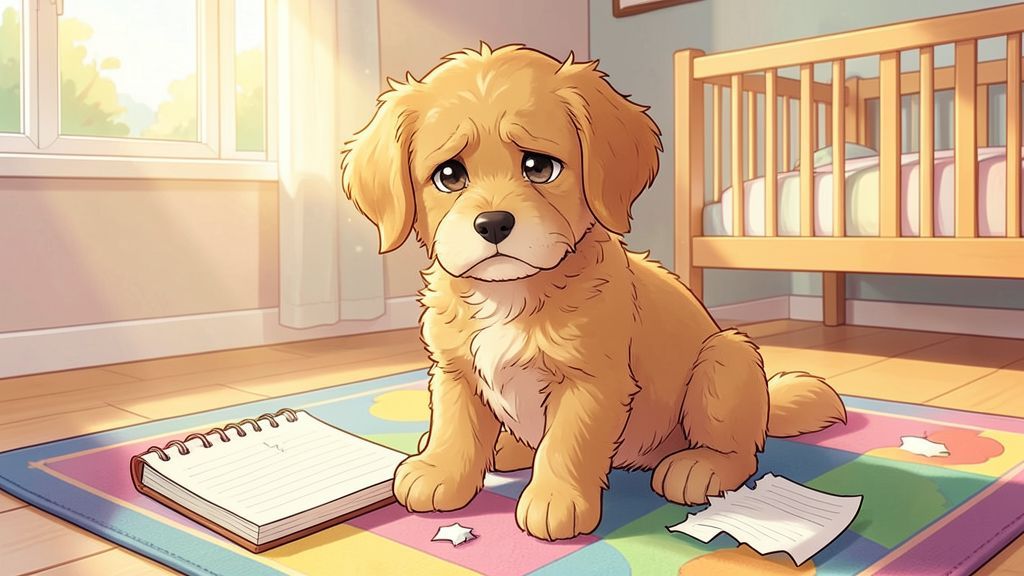 Ein niedlicher, wuscheliger Hund sitzt schuldbewusst neben einem zerfledderten Schulheft auf dem Kinderzimmerboden.