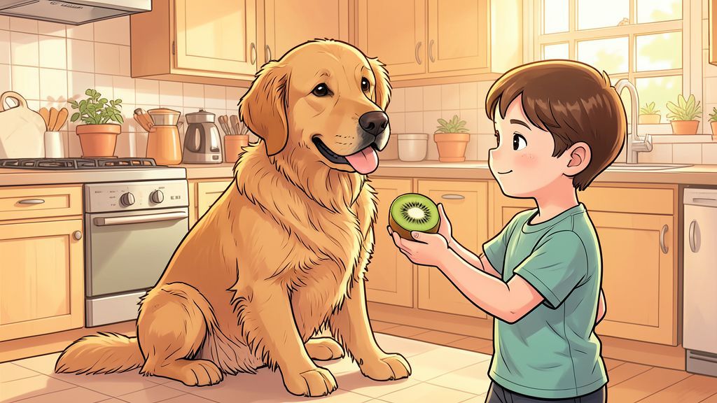 Ein Kind in einer hellen Küche gibt einem Golden Retriever vorsichtig ein kleines Stück geschälte Kiwi.