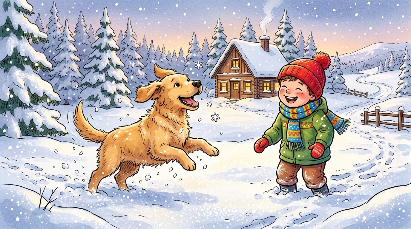 Ein glücklicher Golden Retriever spielt in einer verschneiten Landschaft und fängt Schneeflocken, während ein Kind daneben steht.