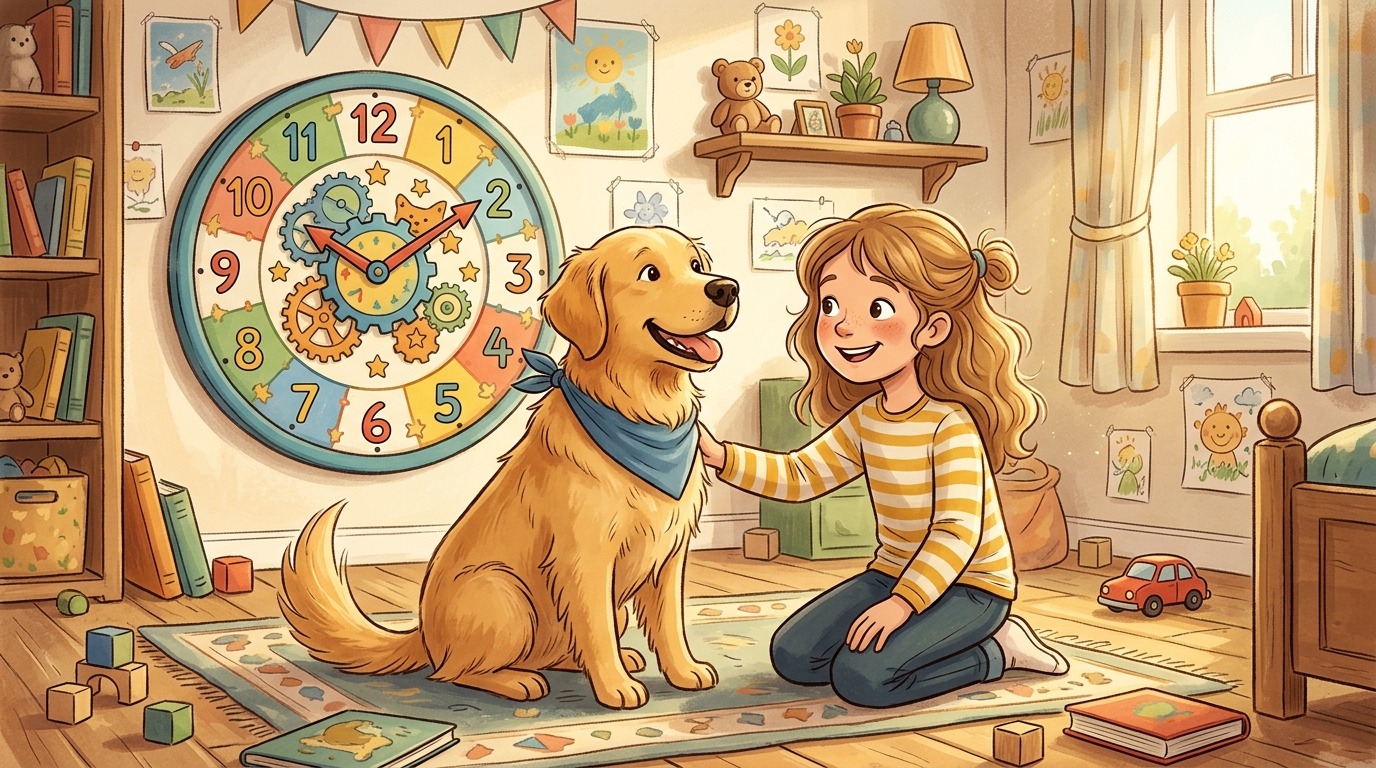 Ein Kind zeigt seinem Golden Retriever eine bunte Wanduhr in einem gemütlichen Wohnzimmer.