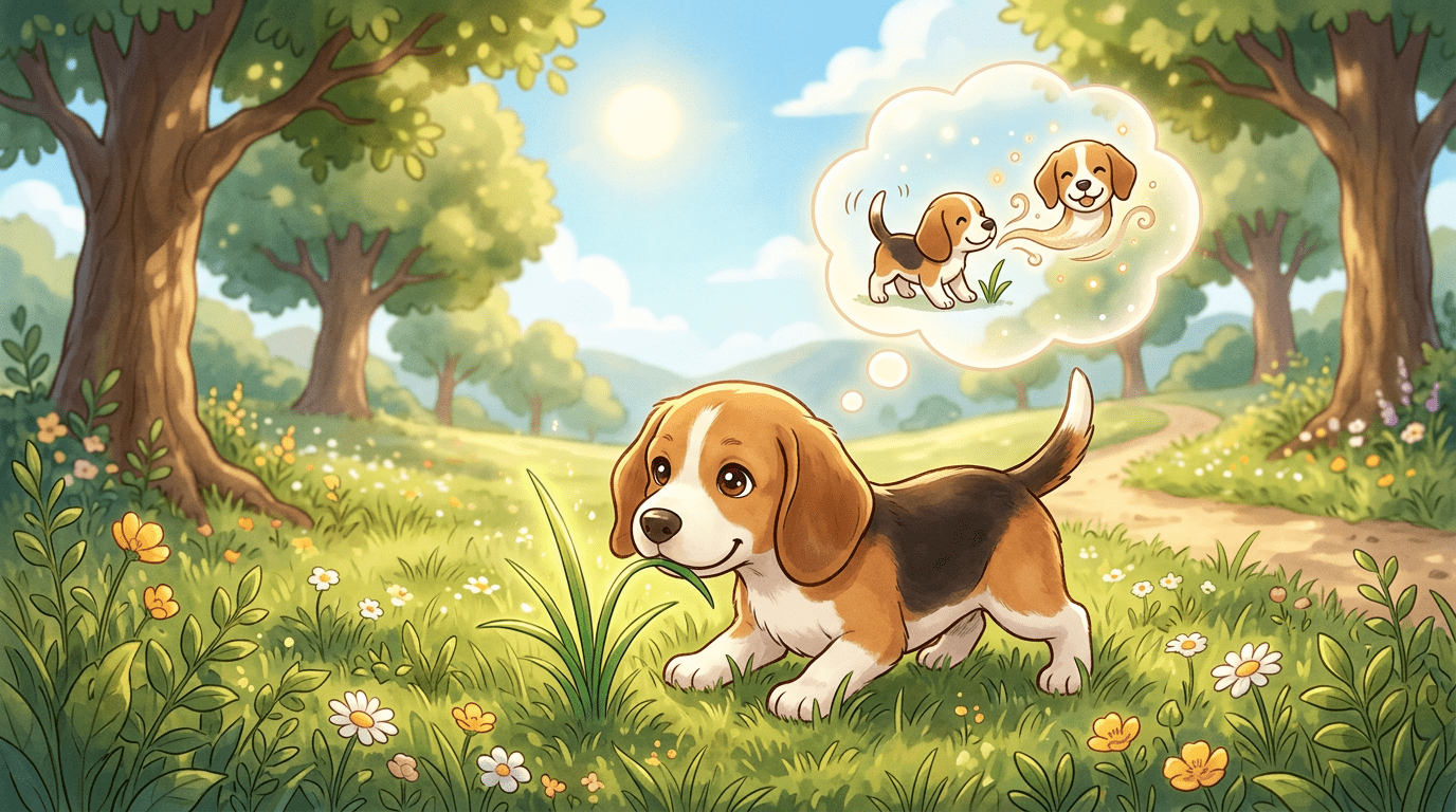 Eine fröhliche Hund-Illustration, bei der ein Hund an einer Blume schnuppert und eine leuchtende Gedankenblase mit seinem eigenen Abbild über ihm schwebt.