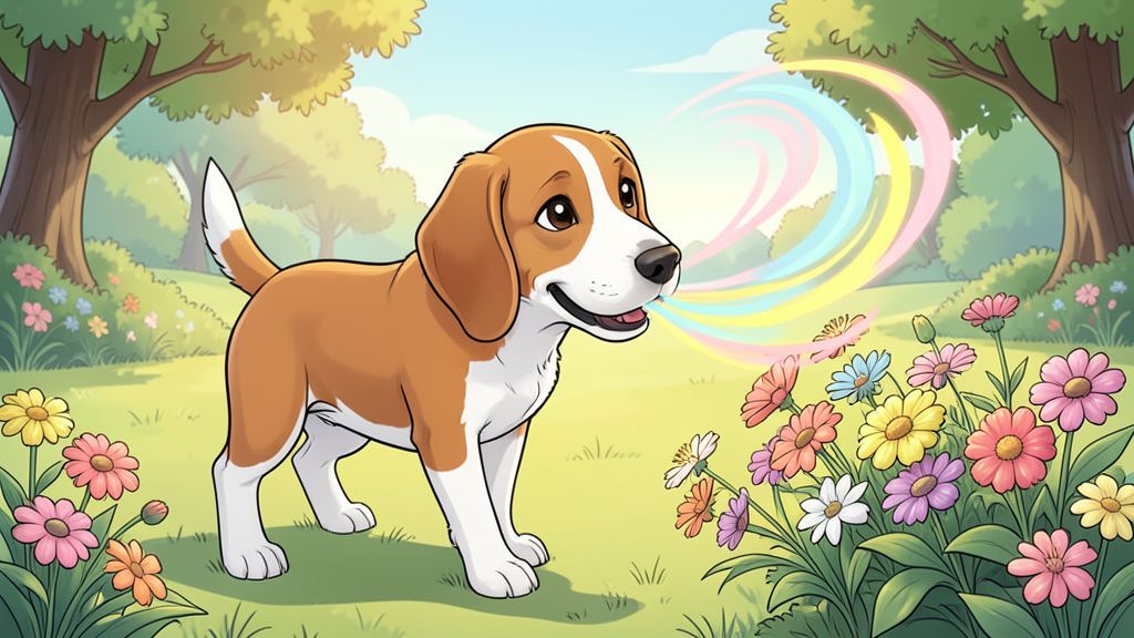 Ein freundlicher Hund schnüffelt in einer Wiese an bunten Blumen, während feine farbige Wellen seinen Geruchssinn darstellen.