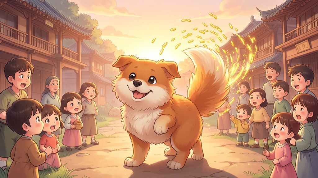 Ein flauschiger Hund mit buschigem Schwanz schüttelt goldene Reiskörner in einem Dorf aus seinem Fell.