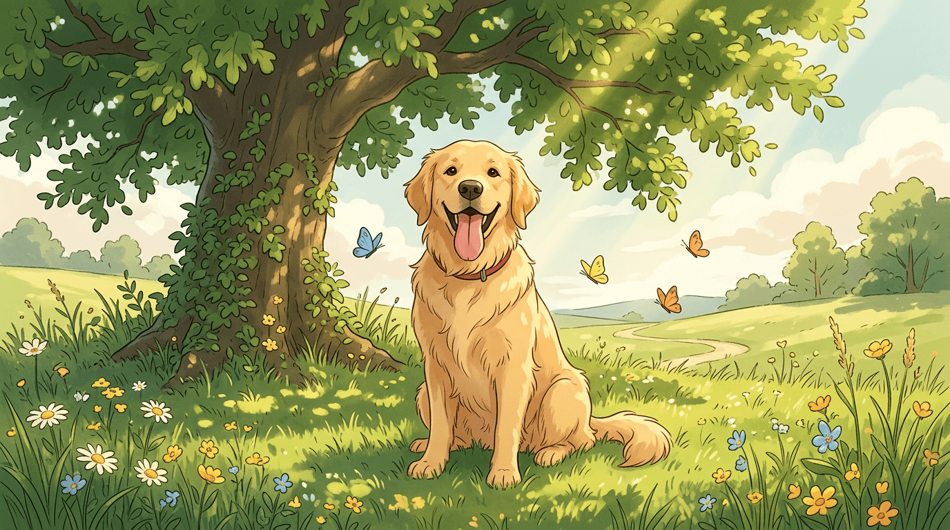 Ein freundlicher, wuscheliger Hund sitzt auf einer sonnigen Wiese und hechelt mit herausgestreckter Zunge.