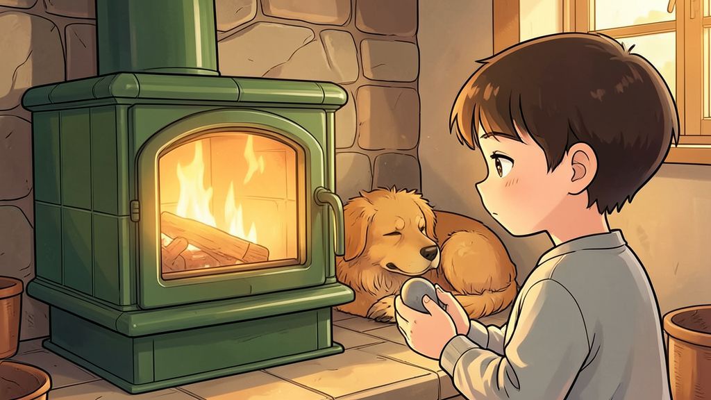 Illustration eines gemütlich schlafenden Hundes hinter einem warmen Kachelofen, der ein uninteressantes Spielzeug ignoriert.