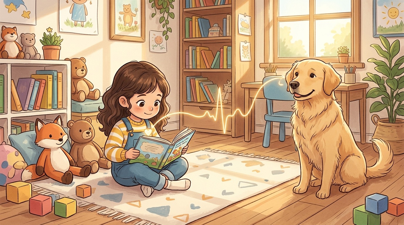 Eine Illustration eines aufmerksamen Hundes, der den Herzschlag eines spielenden Kindes aus der Entfernung hört.