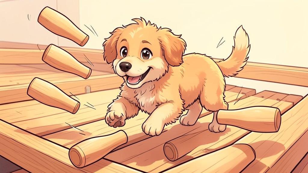 Eine kindgerechte Illustration eines kleinen Hundes, der fröhlich durch eine Reihe umfallender Kegel flitzt.