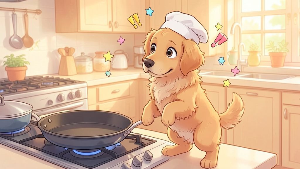 Eine lustige Kinderbuch-Illustration eines Hundes mit Kochmütze, der staunend neben einer Pfanne steht.