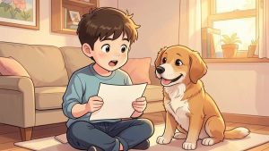 Ein Junge freut sich überrascht über eine gute Nachricht, während sein Hund ihn fröhlich anschaut.