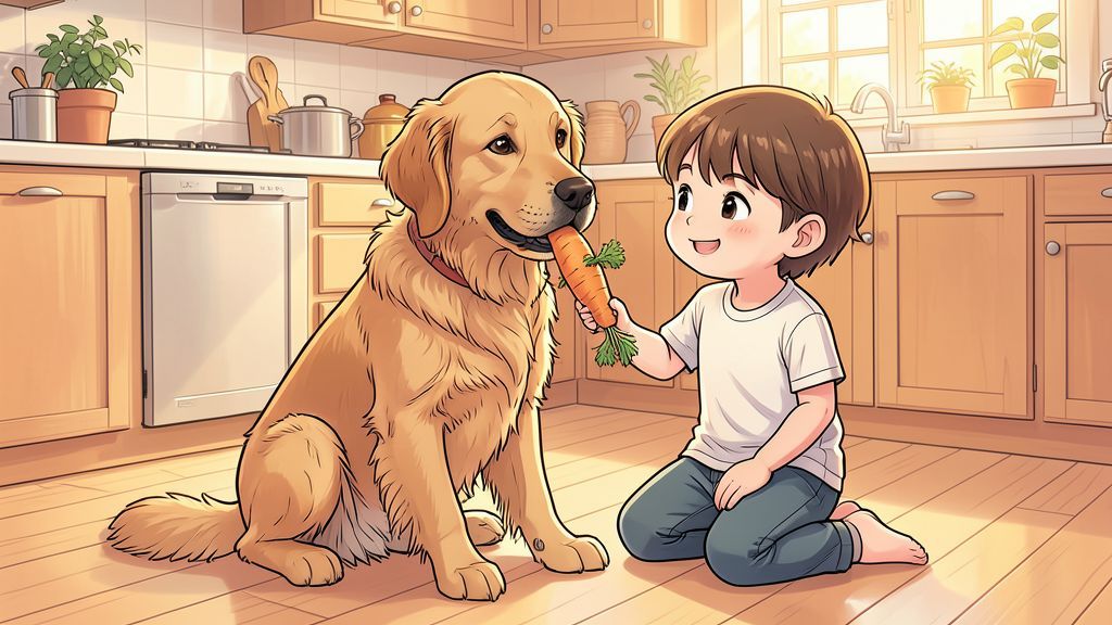 Ein freundlicher hellbrauner Hund sitzt in einer hellen Küche und hält eine orangefarbene Karotte zwischen seinen Pfoten.