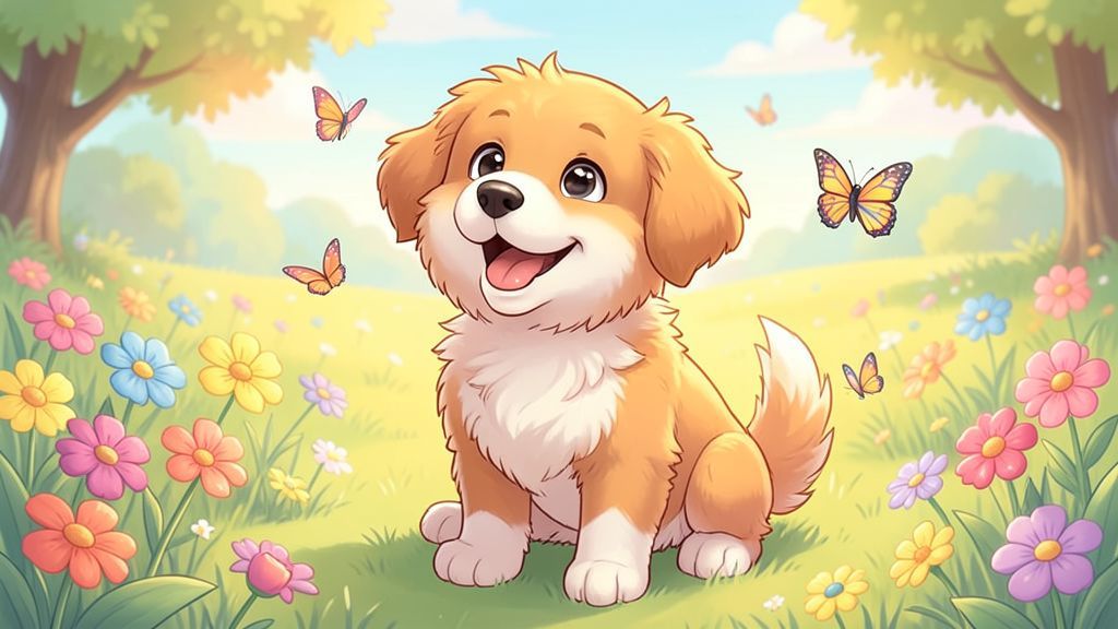 Ein fröhlicher Hund auf einer Blumenwiese, der neugierig die Luft schnuppert und die Lippen leicht kräuselt.