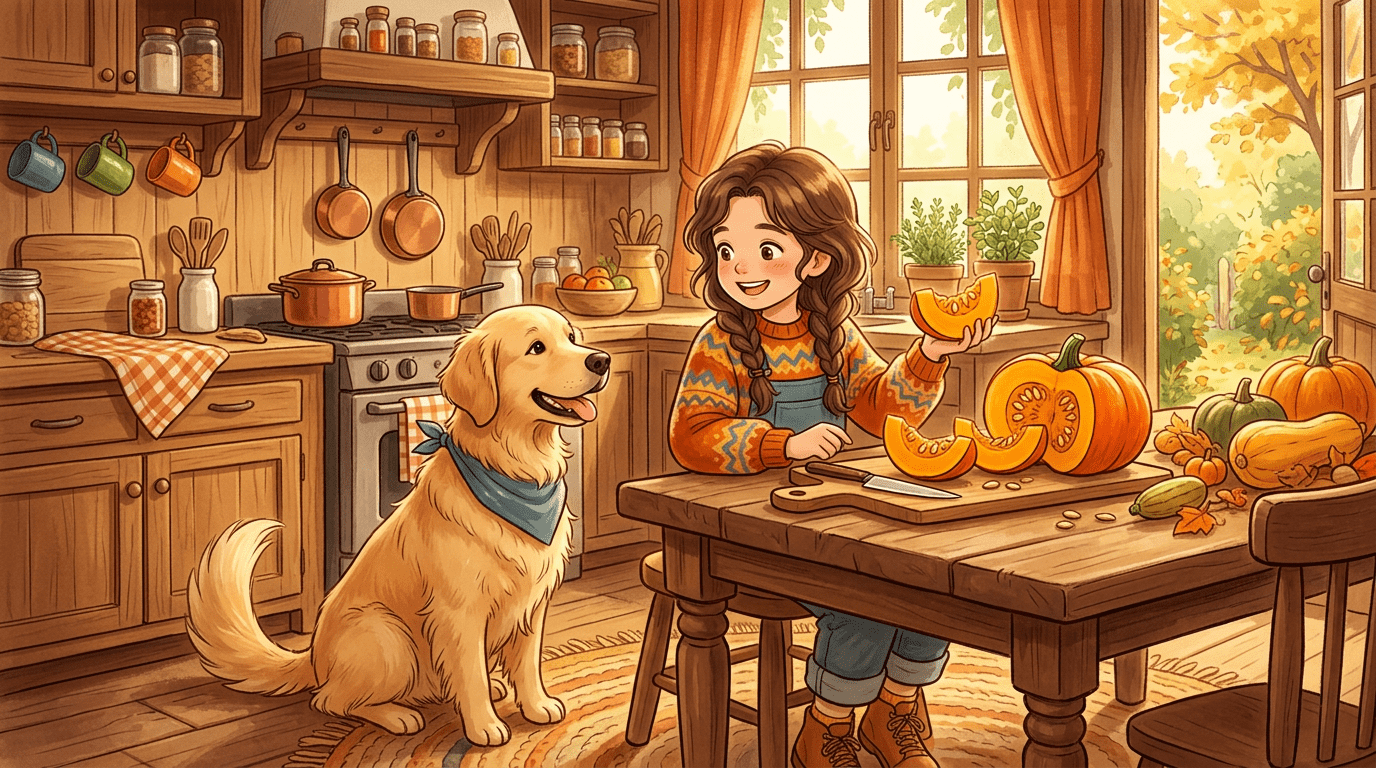 Ein lachendes Kind in einer gemütlichen Küche bereitet zusammen mit einem Golden Retriever Kürbisstücke vor.