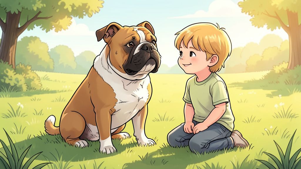 Ein glücklicher Hund mit einem kurzen Schwanz sitzt auf einer Wiese neben einem lächelnden Kind.