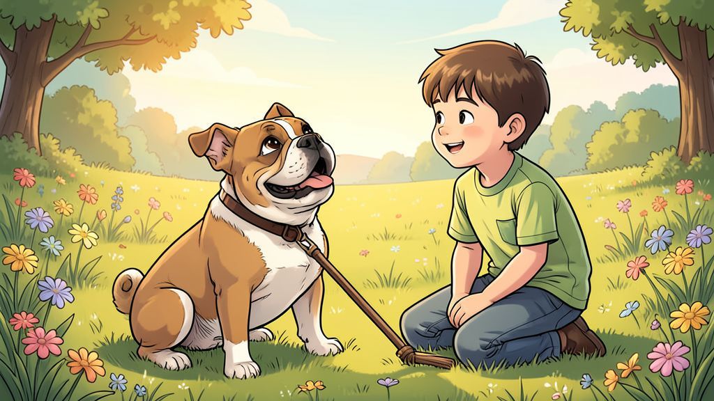 Eine fröhliche Französische Bulldogge mit einer kurzen Rute sitzt im Gras neben einem lachenden Kind.