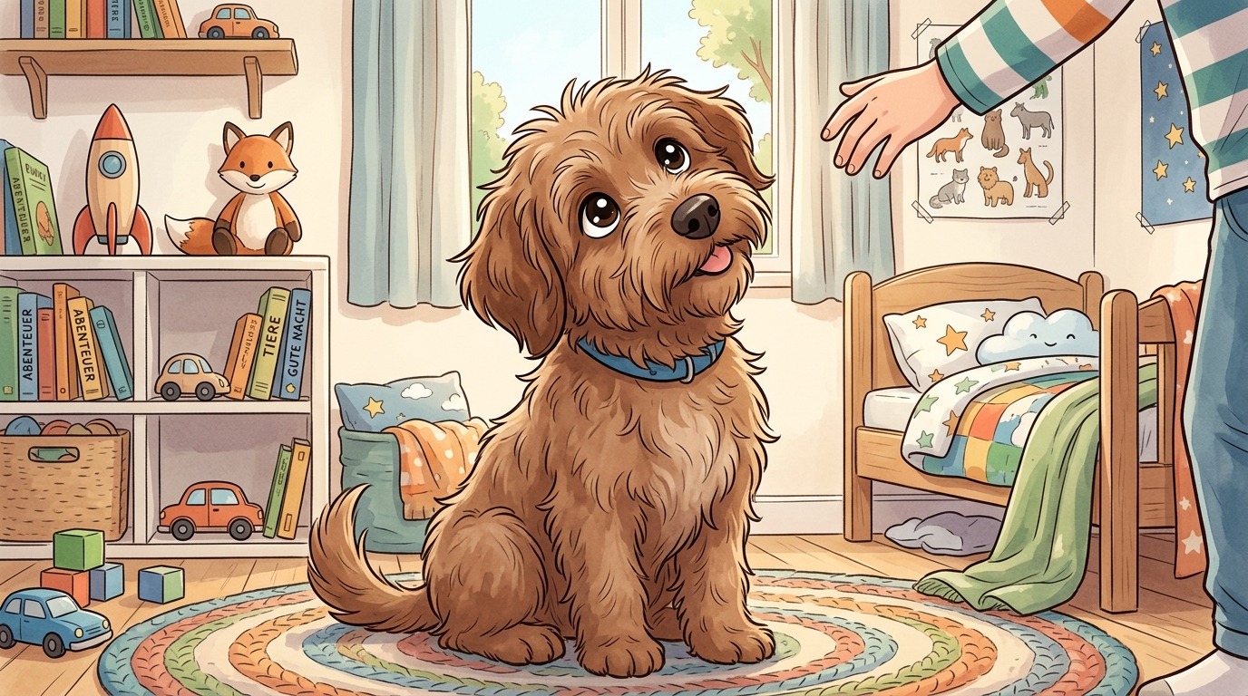 Ein niedlicher, flauschiger Hund sitzt auf einem Teppich und legt neugierig den Kopf schief, während er aufmerksam zuhört.