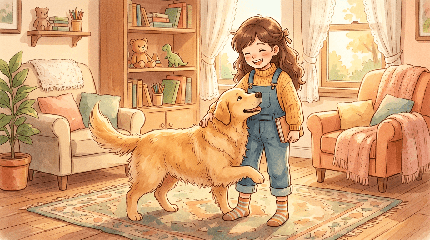 Ein Kind streichelt einen großen hellen Hund, der sich vertrauensvoll gegen die Beine des Kindes lehnt.