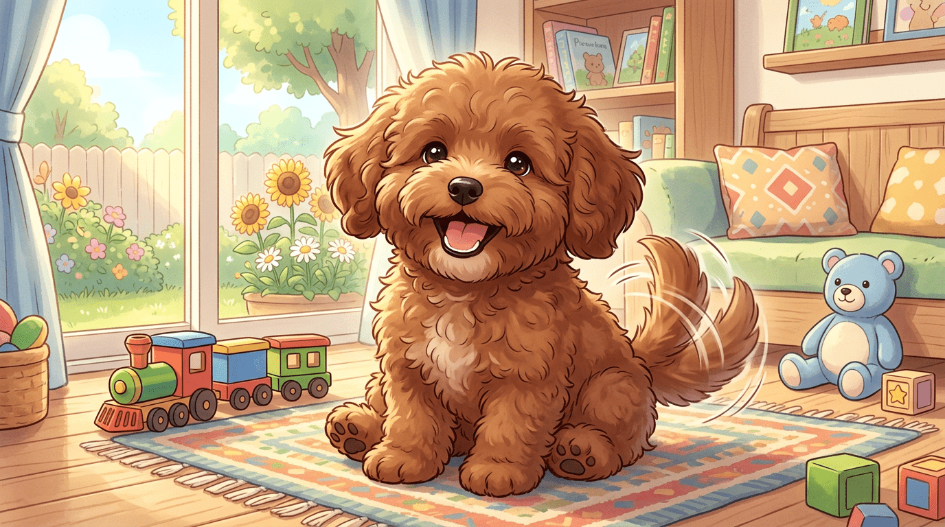 Eine fröhliche Kinderbuch-Illustration eines kleinen, braunen Hundes, der so schnell mit seinem Schwanz wedelt, dass man zwei Schwänze sieht.