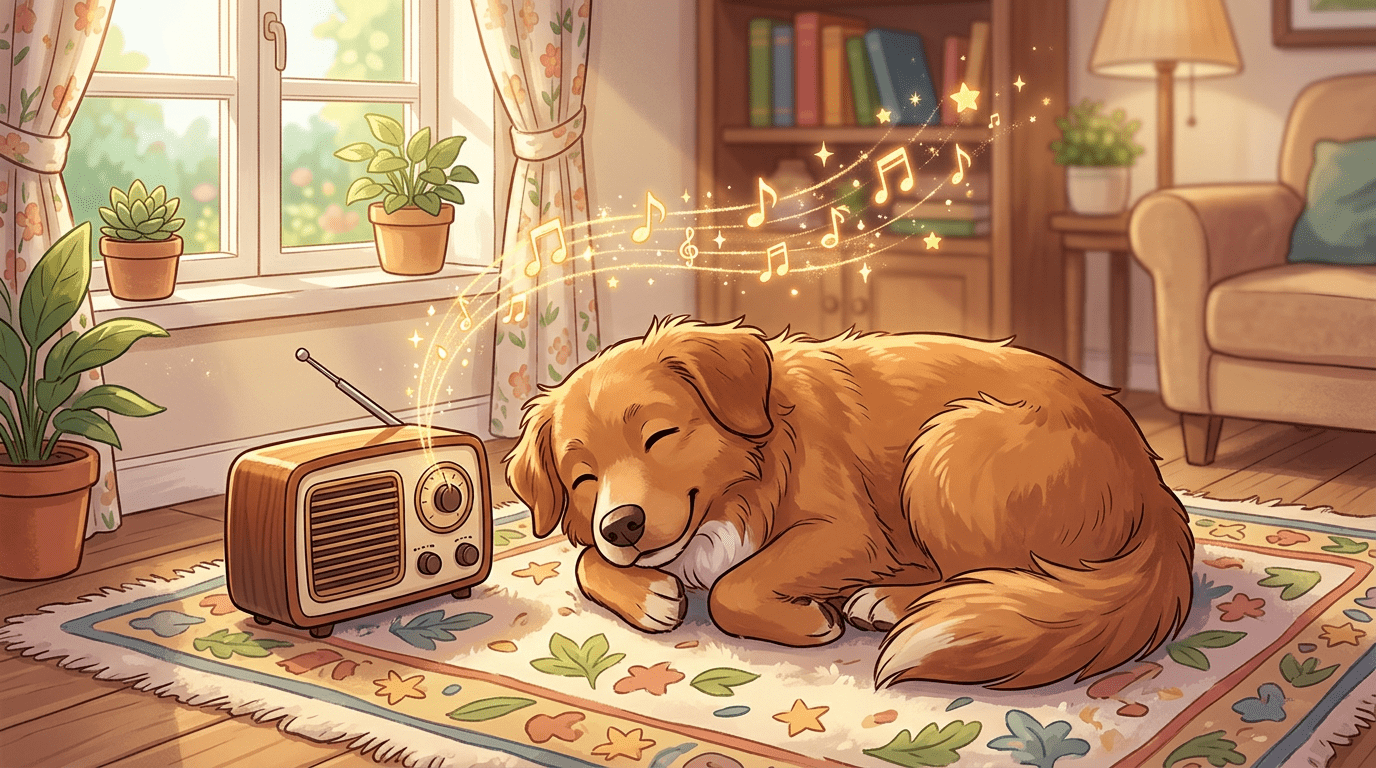 Ein glücklicher Hund liegt entspannt auf einem bunten Teppich und lauscht sanfter Musik aus einem Radio.