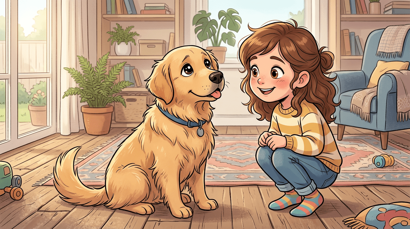 Ein freundlicher Hund schaut mit großen Augen und hochgezogenen Augenbrauen zu einem Kind hoch.