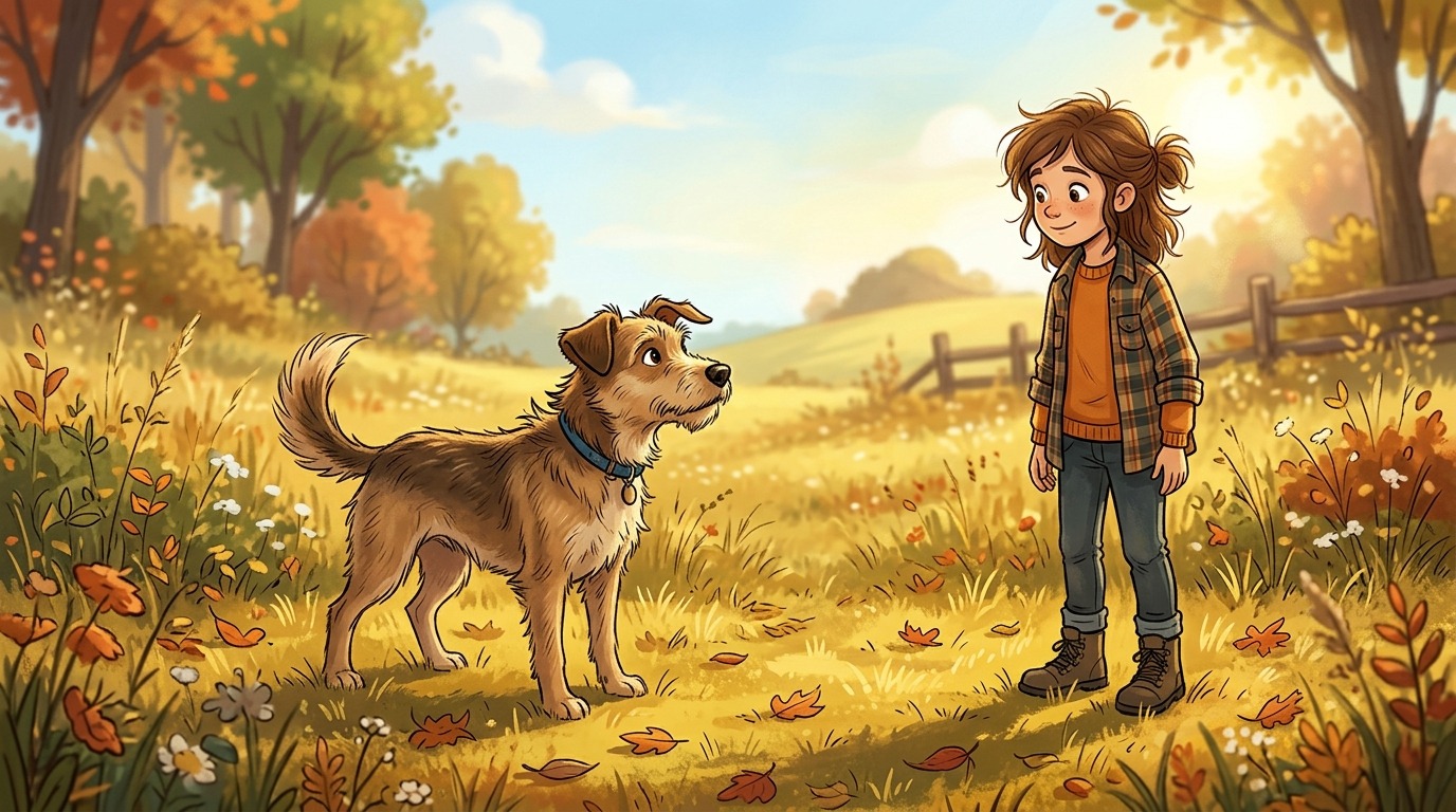 Ein aufmerksamer Hund auf einer Wiese, der seine Nackenhaare leicht aufgestellt hat, während ein Kind ihn ruhig beobachtet.