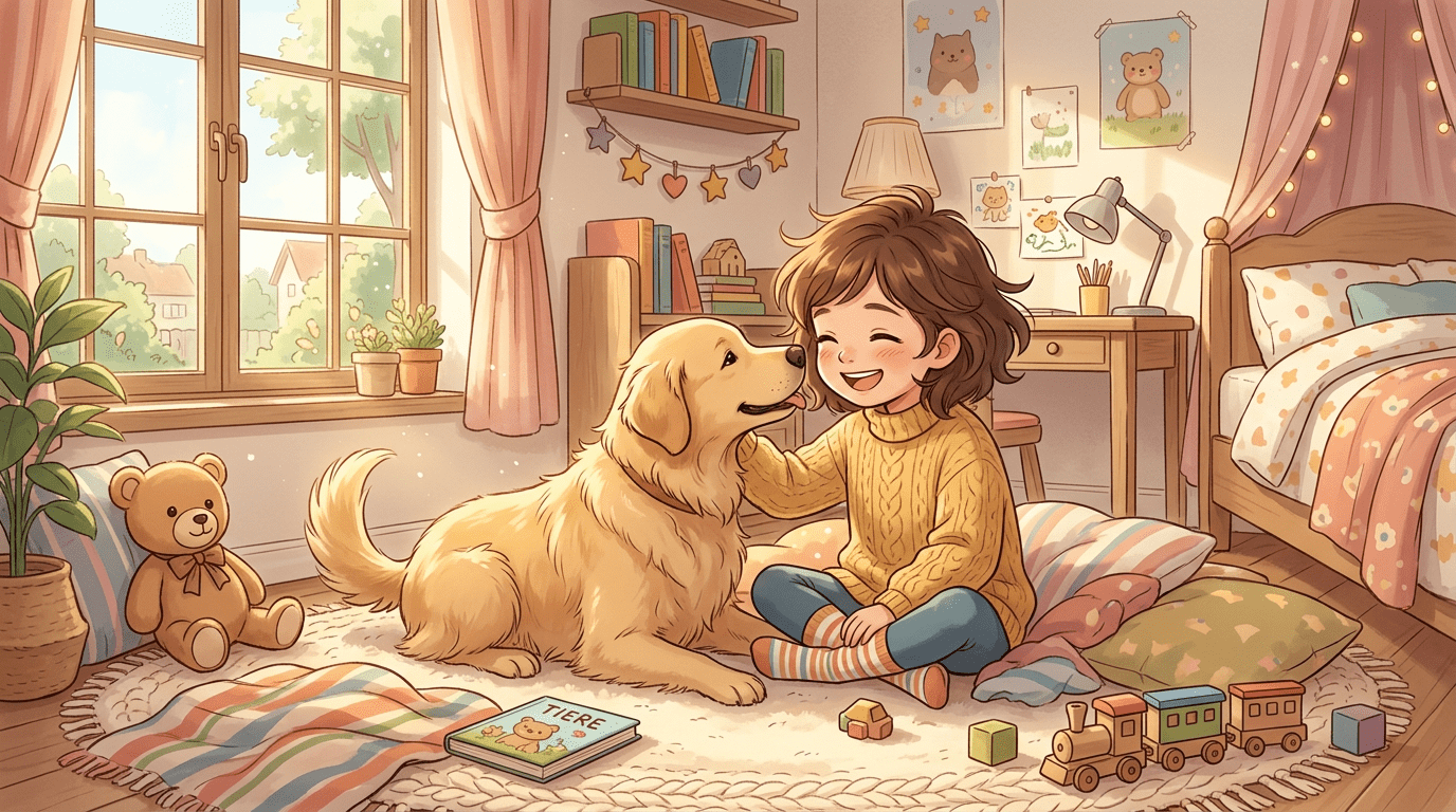 Ein freundlicher goldener Hund stuppst ein lächelndes Kind sanft mit der Nase an den Arm.