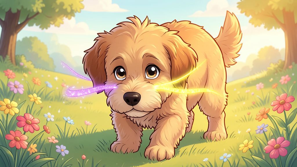 Ein niedlicher, brauner Hund schnüffelt auf einer Blumenwiese an zwei verschiedenen Duftspuren.