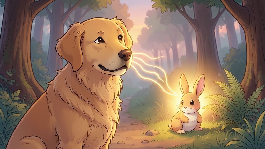 Ein freundlicher Hund im Wald, dessen Nase wie ein Wärmesensor leuchtet und ein verstecktes Tier erkennt.