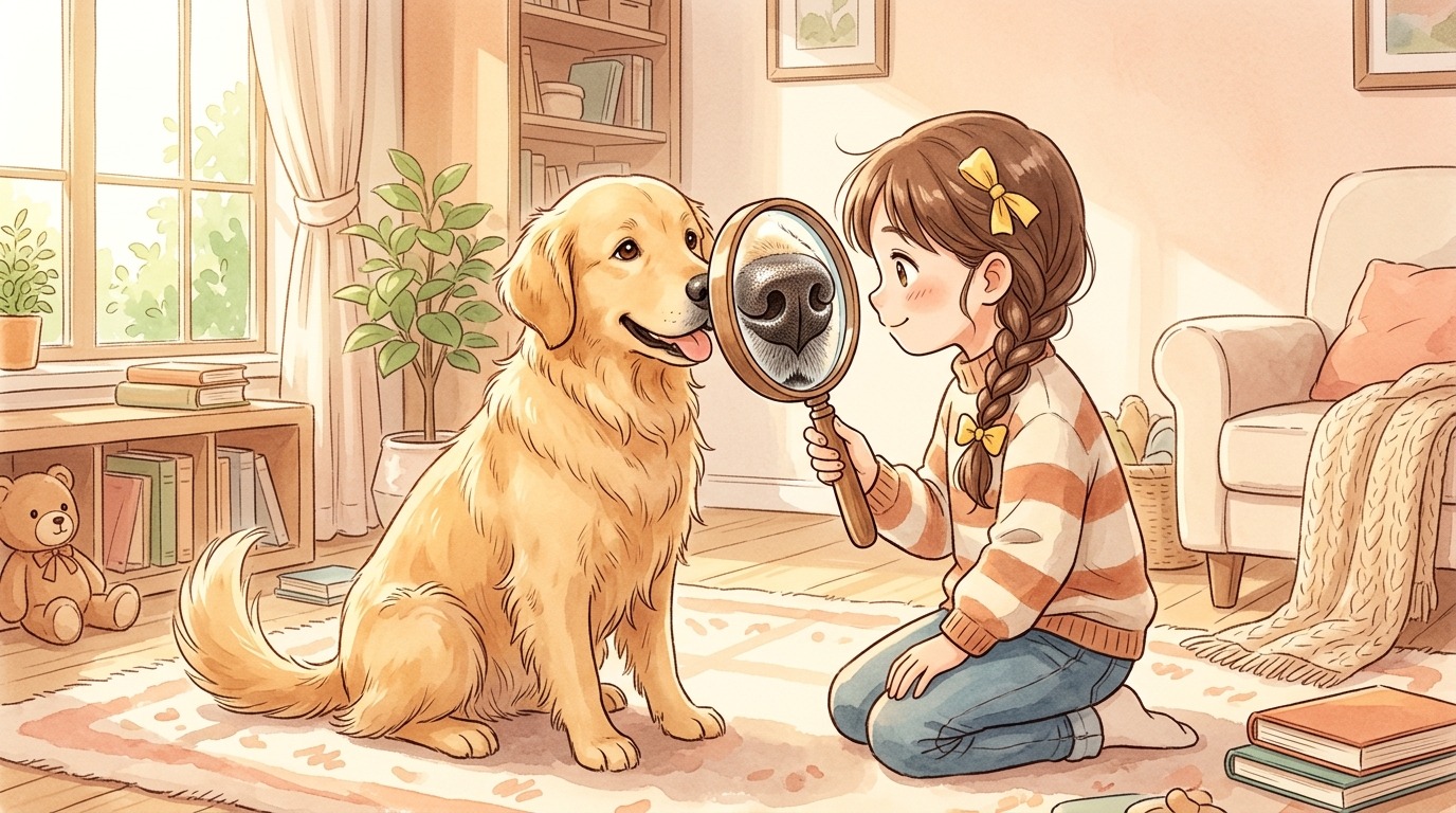 Ein Kind betrachtet mit einer Lupe ganz vorsichtig die Nase eines Golden Retrievers.