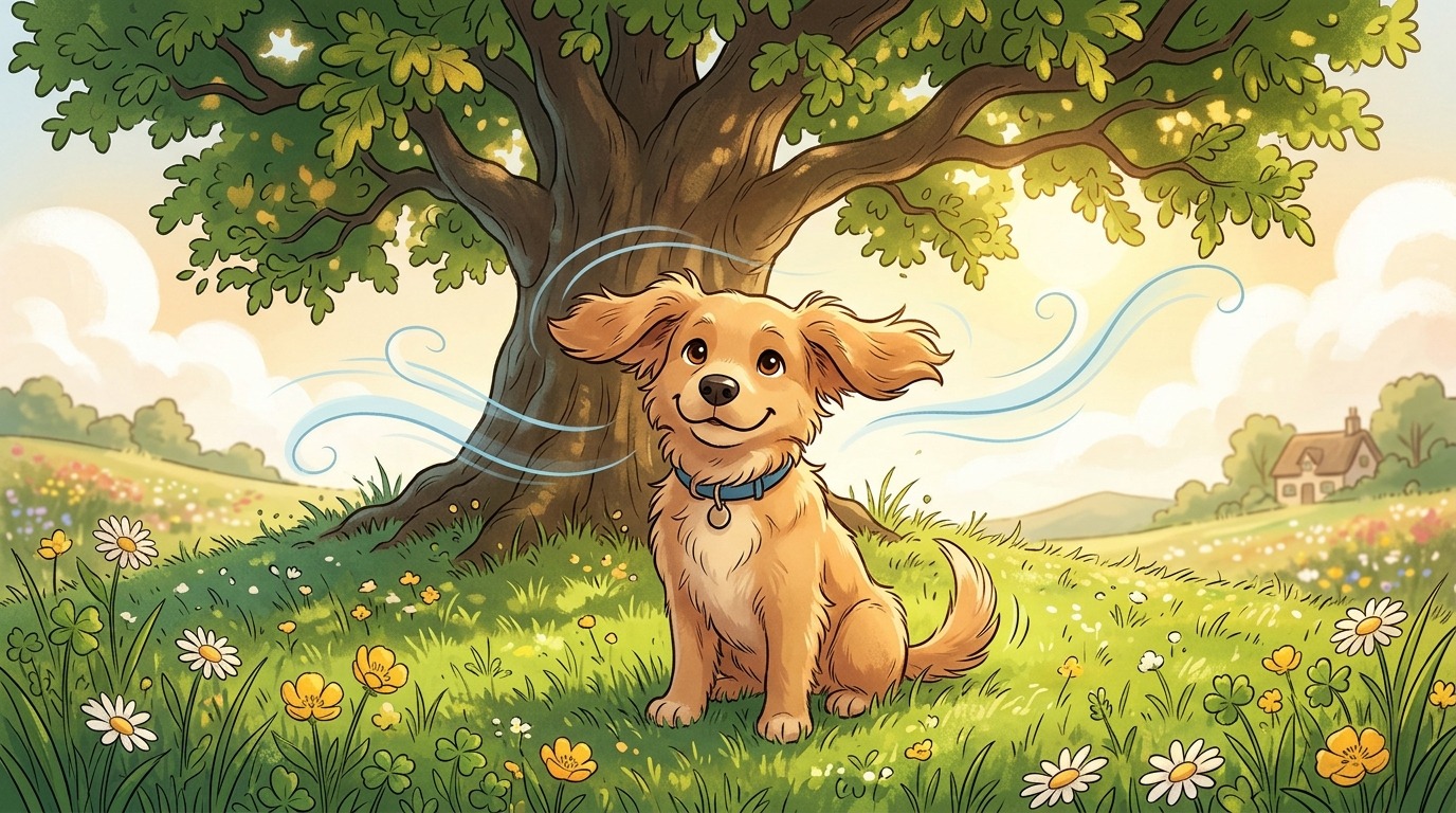 Illustration eines fröhlichen Hundes auf einer Sommerwiese, dessen Ohren sanft im Wind wehen.