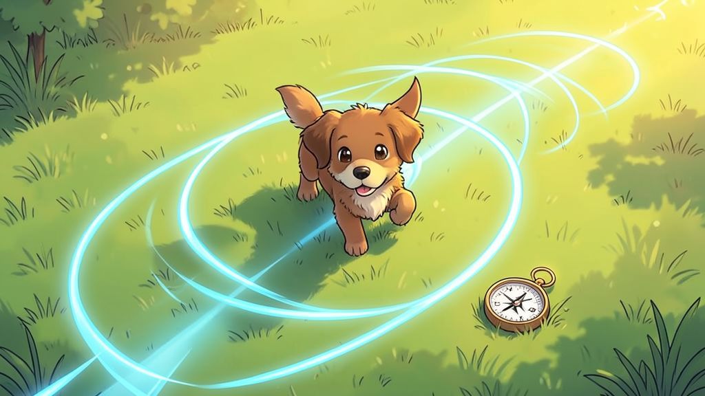 Ein niedlicher Hund steht auf einer Wiese und ist wie eine Kompassnadel nach Norden ausgerichtet, während sanfte blaue Magnetlinien am Boden glühen.