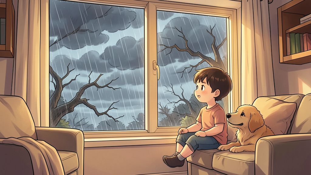 Ein gemütlicher Hund und ein Kind schauen gemeinsam aus einem Fenster auf ein stürmisches Regenwetter.