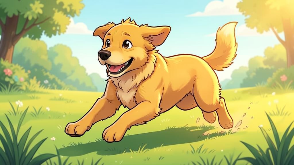 Eine kindgerechte Illustration eines fröhlichen Hundes, der über eine Wiese rennt und seine Vorderbeine weit ausstreckt.