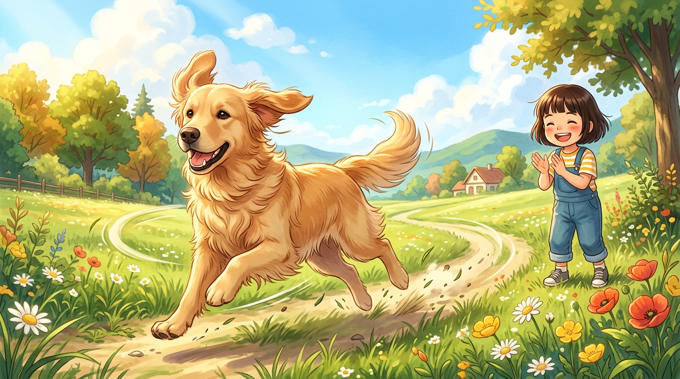 Eine farbenfrohe Illustration eines fröhlichen Golden Retrievers, der mit wehenden Ohren in einer schnellen Kurve über eine grüne Wiese rennt.
