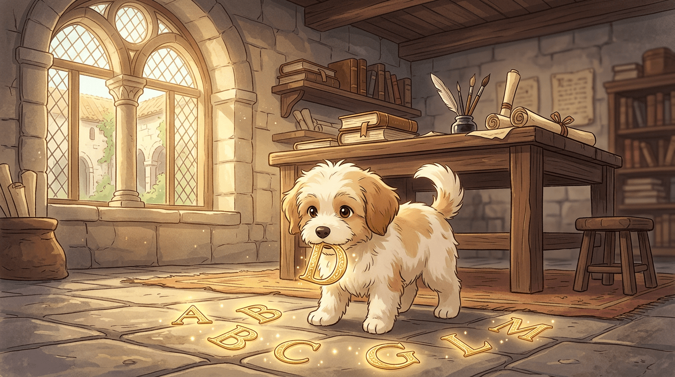Ein kleiner, niedlicher Hund sammelt in einem alten Kloster goldene, leuchtende Buchstaben vom Boden auf.
