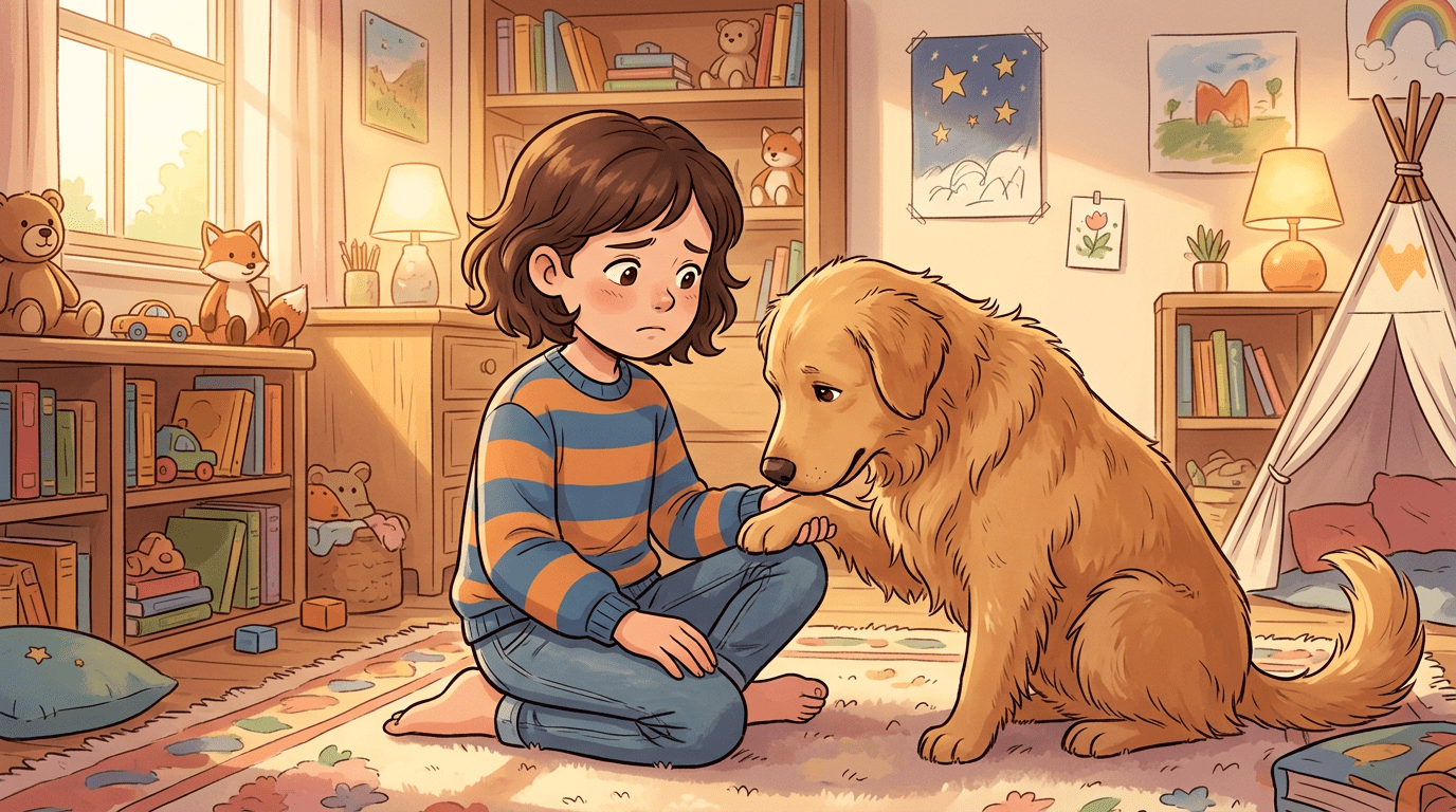 Ein freundlicher Hund schnuppert sanft an der Hand eines etwas besorgten Kindes in einer gemütlichen Umgebung.