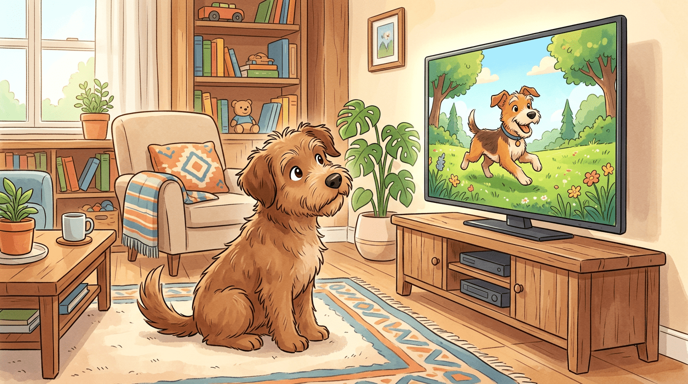 Ein neugieriger, flauschiger Hund sitzt vor einem modernen Fernseher und schaut gespannt einen Film mit anderen Hunden.