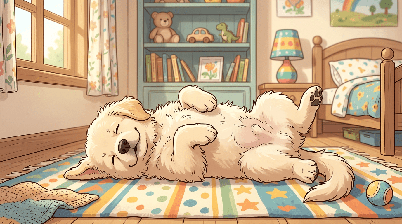 Ein niedlicher, flauschiger Hund liegt entspannt auf dem Rücken auf einem weichen Teppich und schläft mit den Pfoten in der Luft.