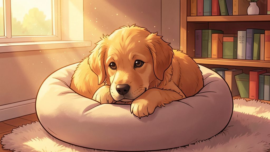 Ein gemütlich schlafender Golden Retriever Hund in einem weichen Körbchen, der seine Pfote sanft über die Nase legt.