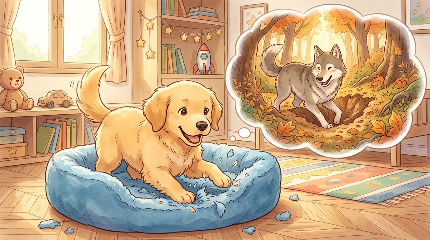 Ein niedlicher, flauschiger Hund scharrt in seinem gemütlichen Körbchen, im Hintergrund ist ein freundlicher Wolf im Wald angedeutet.