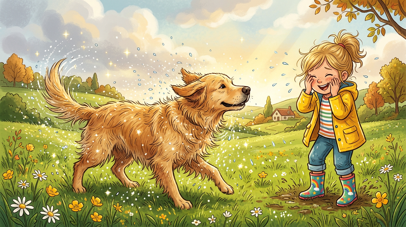 Ein nasser Golden Retriever schüttelt sich kräftig im Garten, Wassertropfen fliegen durch die Luft, ein Kind schaut lachend zu.