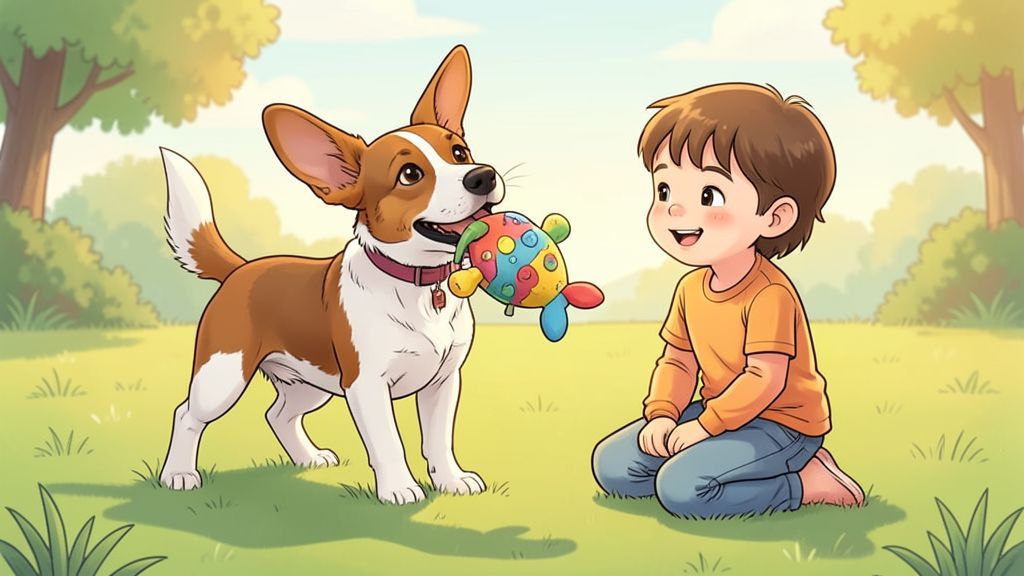 Ein fröhlicher Jack Russell Terrier schüttelt ein buntes Stoffspielzeug im Garten wild hin und her, während ein Kind lachend zuschaut.